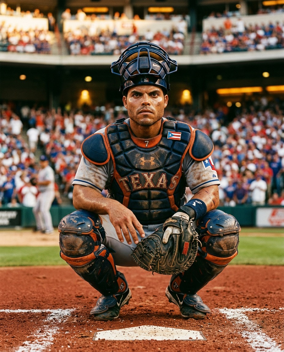 Baseball catcher in Texas Rangers gear crouching on the field with stadium crowd in background