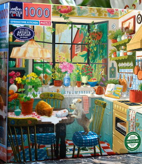 Colorful vintage kitchen with plants, flowers, retro furniture and garden window view