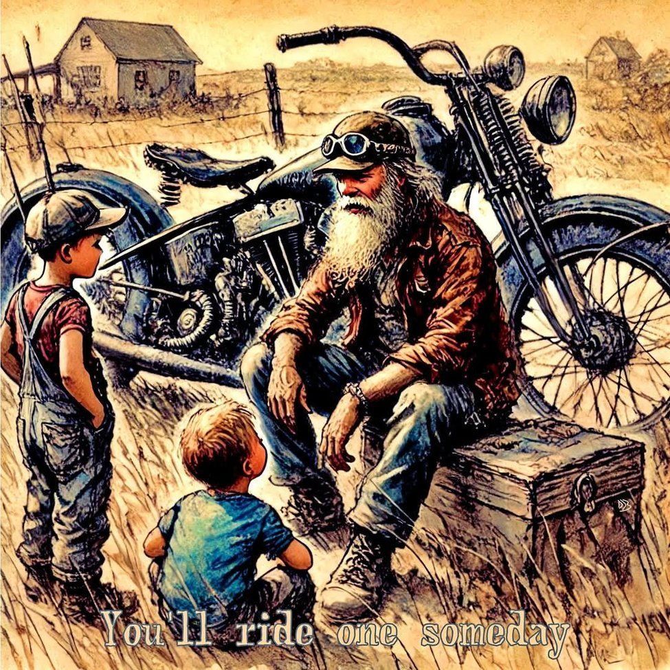 Bearded biker in leather jacket with vintage motorcycle talking to two children in desert setting