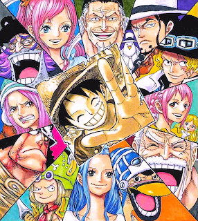 Vibrant anime illustration of ONE PIECE characters in colorful group arrangement