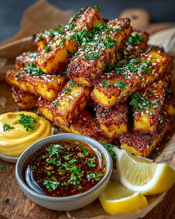 Stack of grilled halloumi cheese with herbs, sauce bowl, and lemon wedges on wooden board