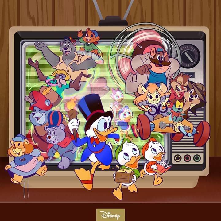 Disney cartoon characters bursting from retro television on wooden background