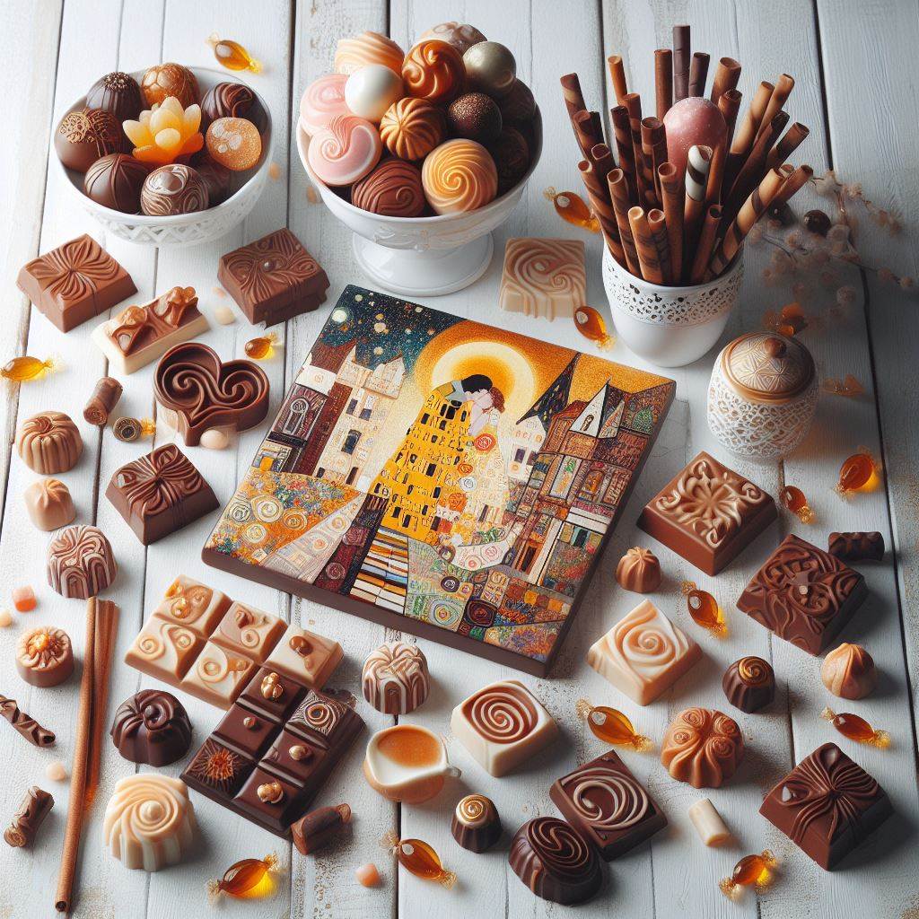 Assorted chocolates, truffles, and an open art book on a white wooden table