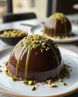 Chocolate dome desserts with pistachio drizzle and crushed pistachios on white plates