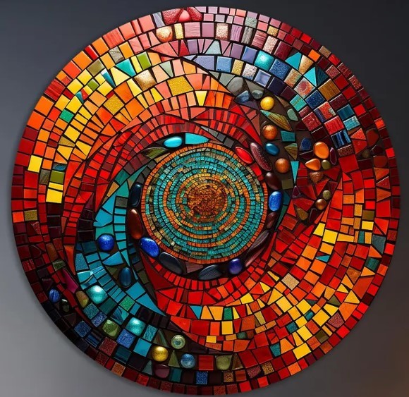 Circular mosaic with colorful tiles spiraling from center in red, orange, yellow, blue, and turquoise concentric patterns