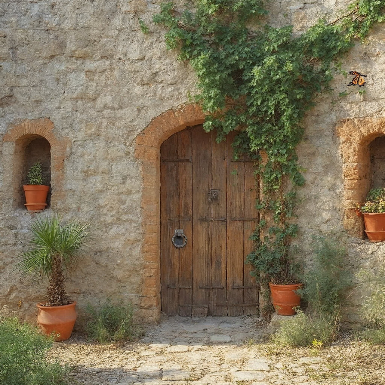 wooden door in sunny wall