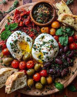 Mediterranean breakfast board with burrata cheese, olives, roasted tomatoes, and bread on wooden platter