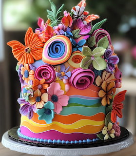 Colorful tiered cake adorned with handmade paper flowers and rainbow stripes