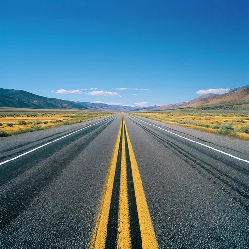 Long straight desert road with yellow center lines and mountains under a blue sky