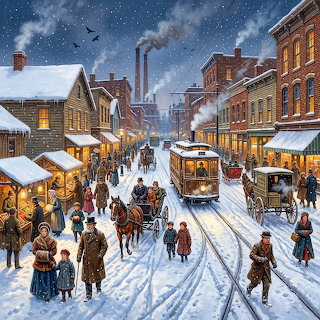 Snowy old town main street with a trolley, horse-drawn carriage, and people walking between brick buildings