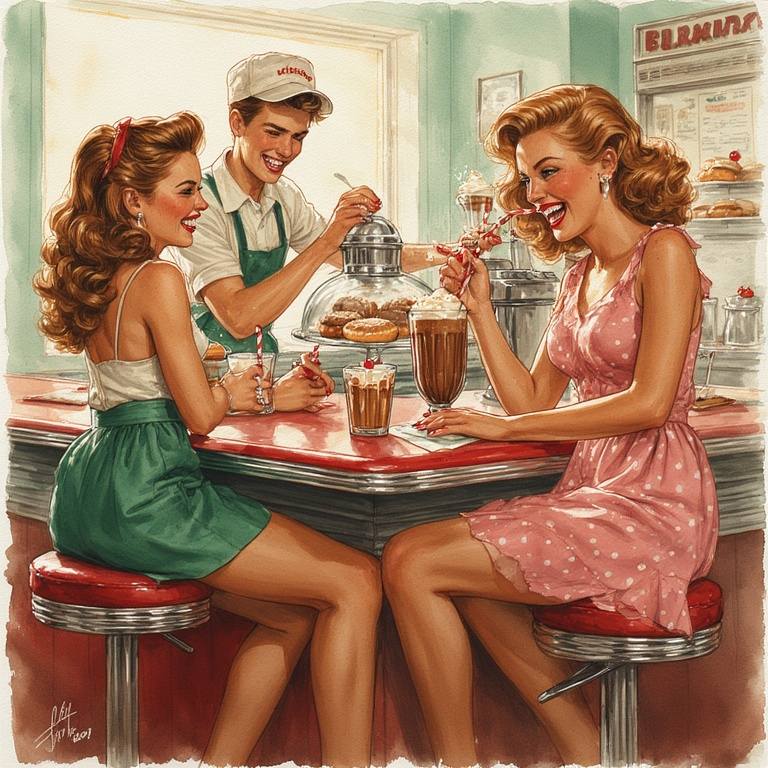 Illustration of two pin-up style women at a 1950s diner counter with a male server