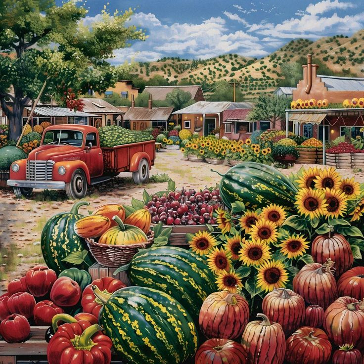 Vibrant farm harvest display with watermelons, pumpkins, sunflowers, and a red vintage truck at a rural homestead