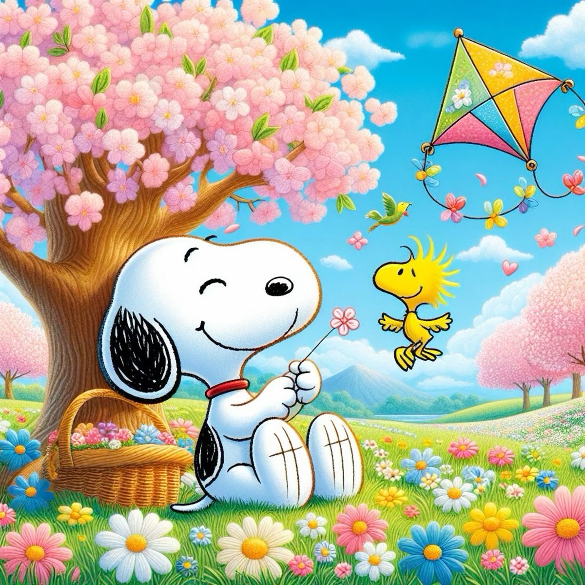 Snoopy resting under pink cherry blossoms while Woodstock flies a kite above a flower-filled spring landscape