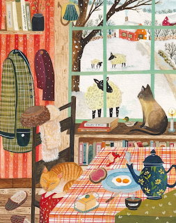 Cat sitting by window showing winter farm landscape with rustic kitchen interior and hanging coats
