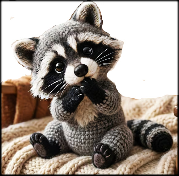 Crocheted raccoon plush sitting on a knitted blanket