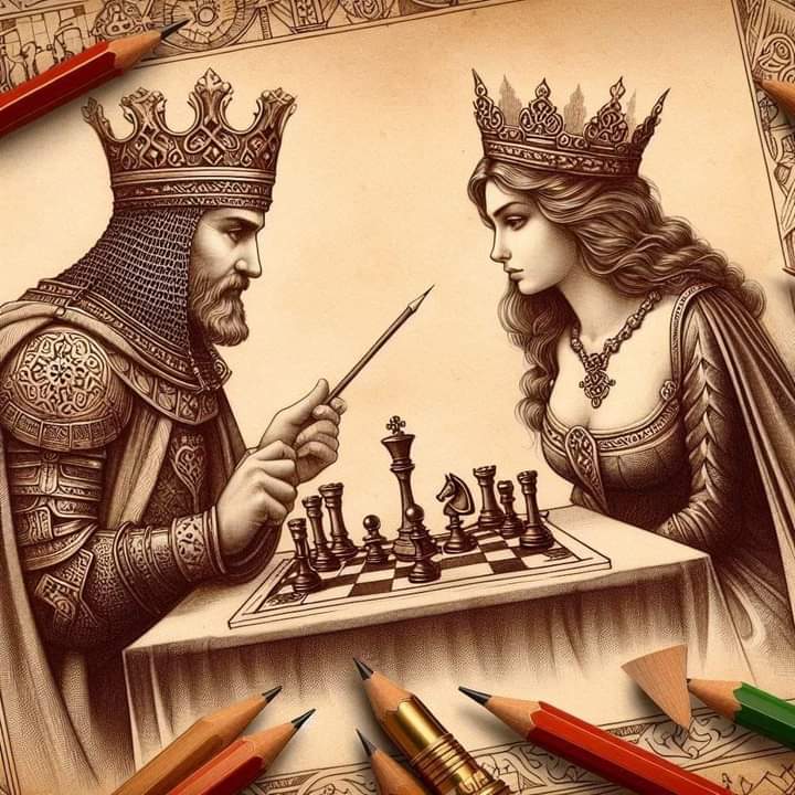 Sepia drawing of a king and queen playing chess at a table with colored pencils around the page