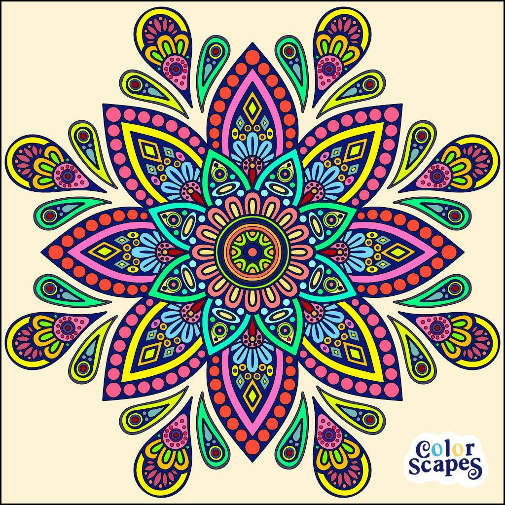 Colorful symmetrical mandala with ornate petals in pink, purple, yellow and teal on cream background