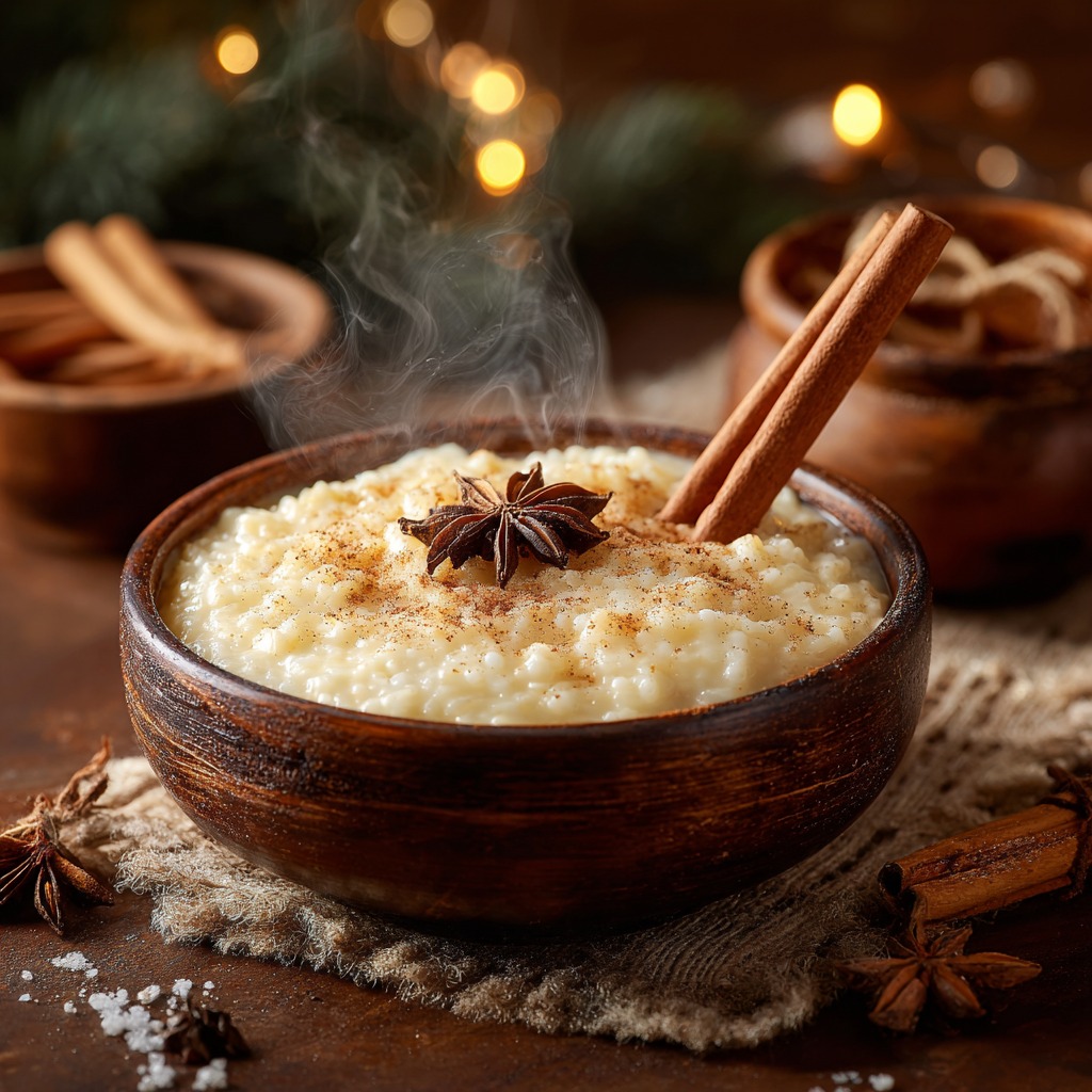 Bowl of creamy rice pudding topped with cinnamon sticks and star anise, steam rising, warm candlelit background