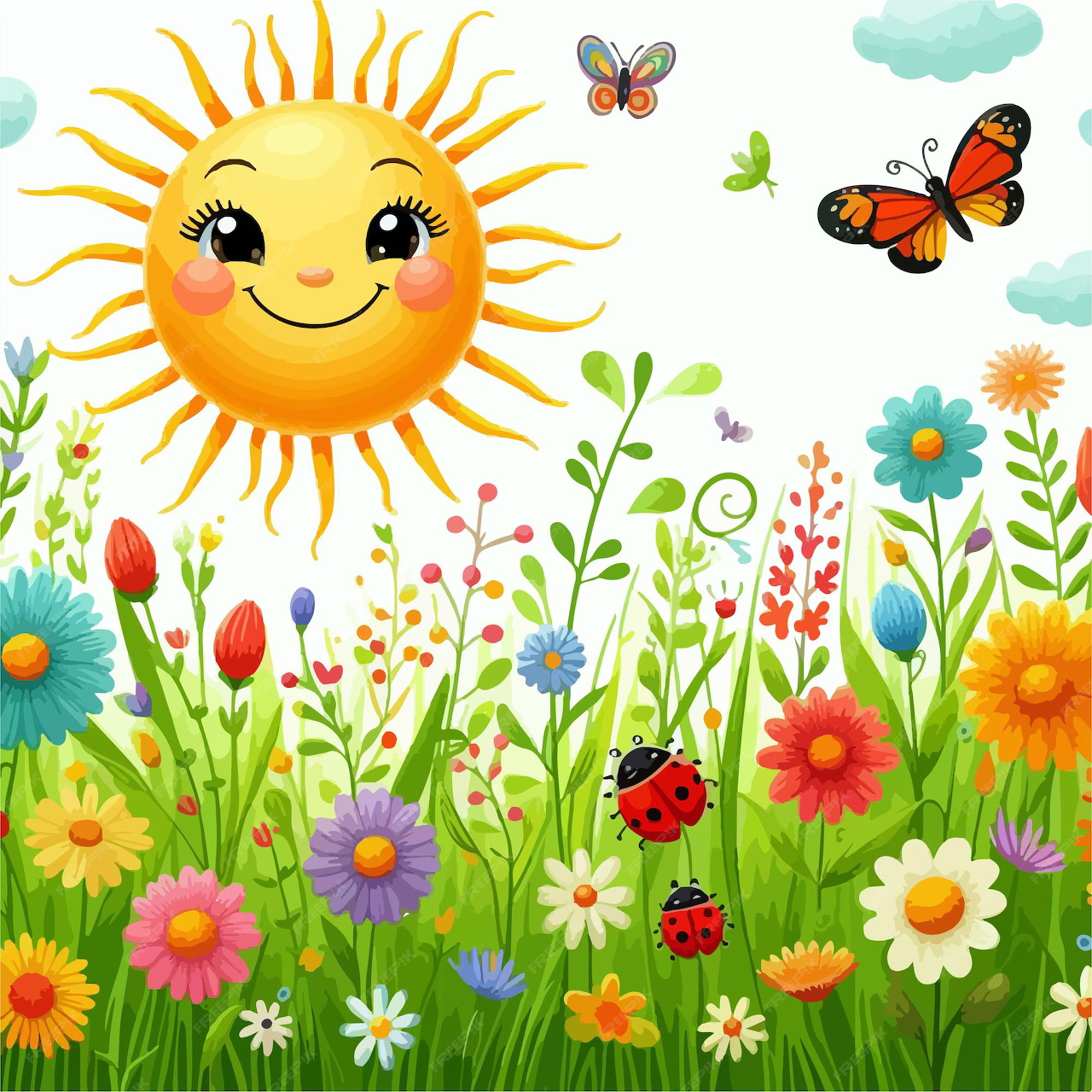Cartoon sun smiling over a colorful field of flowers with butterflies and ladybugs