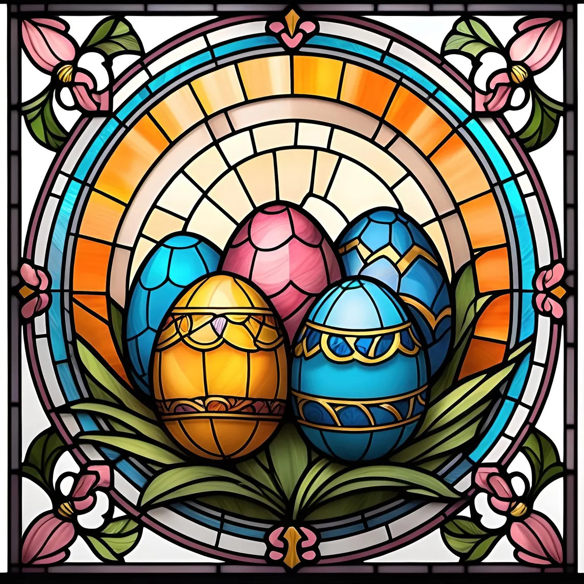 Stained glass artwork showing three ornately decorated Easter eggs surrounded by leaves in a circular decorative frame