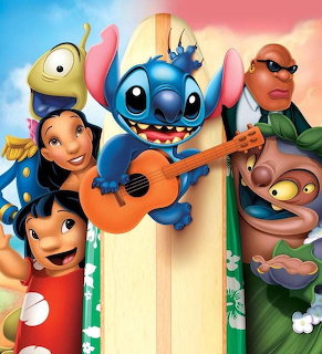 Lilo, Stitch, and other characters from Lilo & Stitch gathered around a surfboard, Stitch playing ukulele