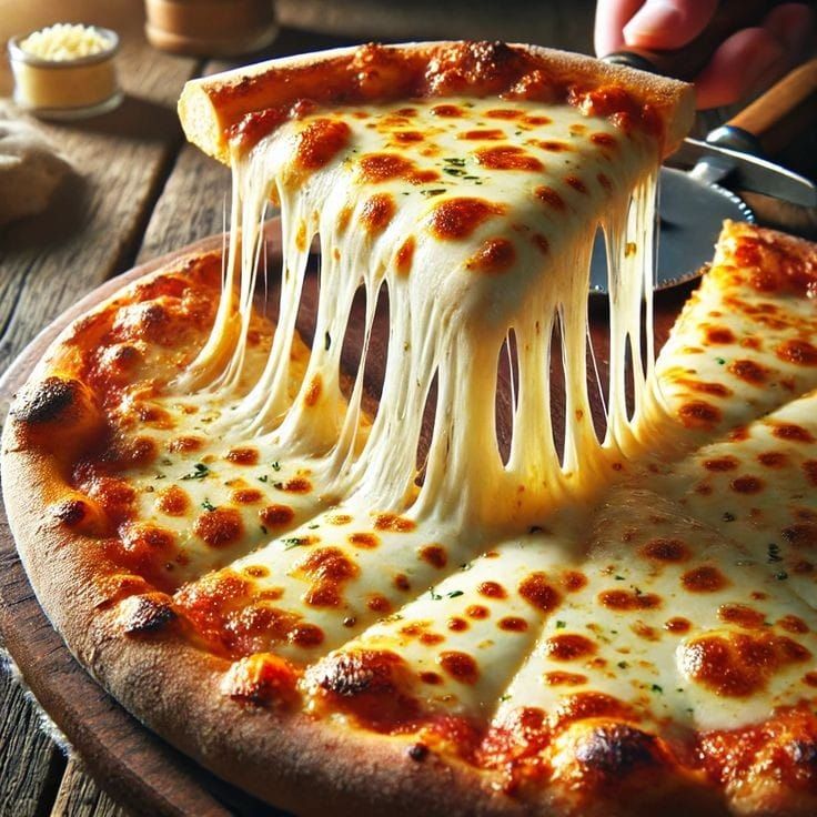 Hand lifting a slice of cheese pizza with long stretchy mozzarella strands over a whole pizza on wooden table