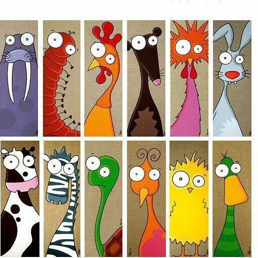 Grid of twelve stylized cartoon animal faces with large googly eyes in bright colors