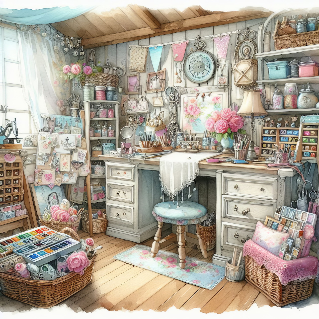 Shabby chic craft room interior with vintage desk, pastel decor, flowers, and organized crafting supplies