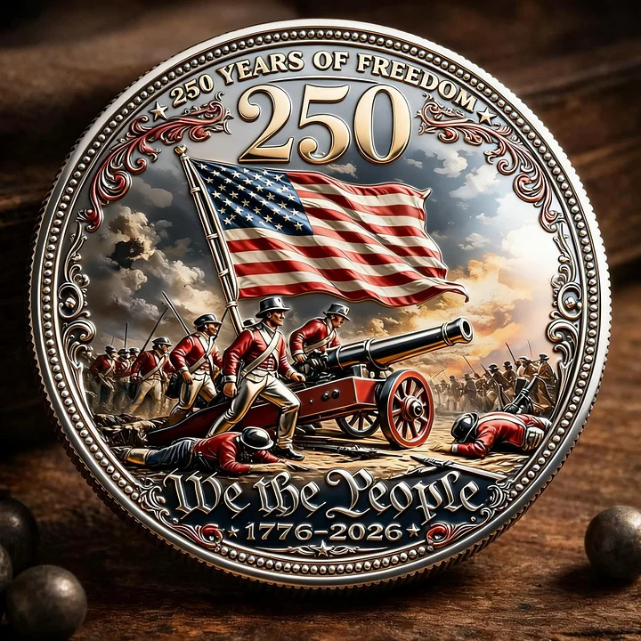 Ornate commemorative coin with American flag, Revolutionary War scene, and 'We The People' inscription marking 250 years