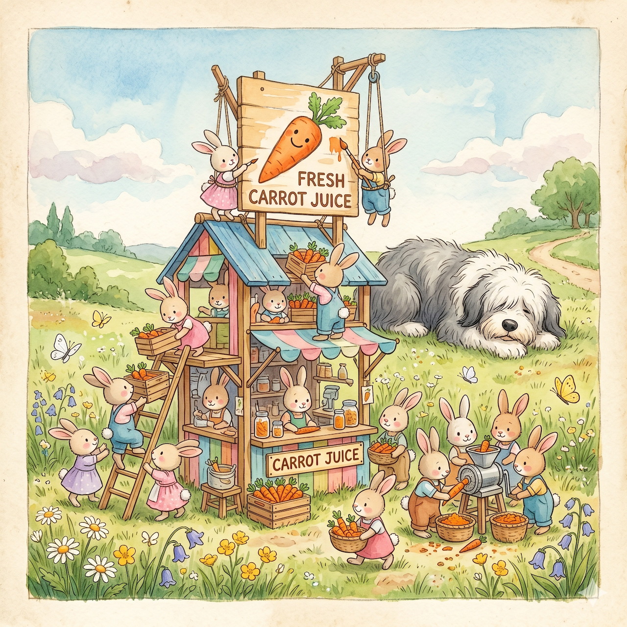 Watercolor rabbits selling carrot juice at wooden stand in flower meadow with sleeping dog