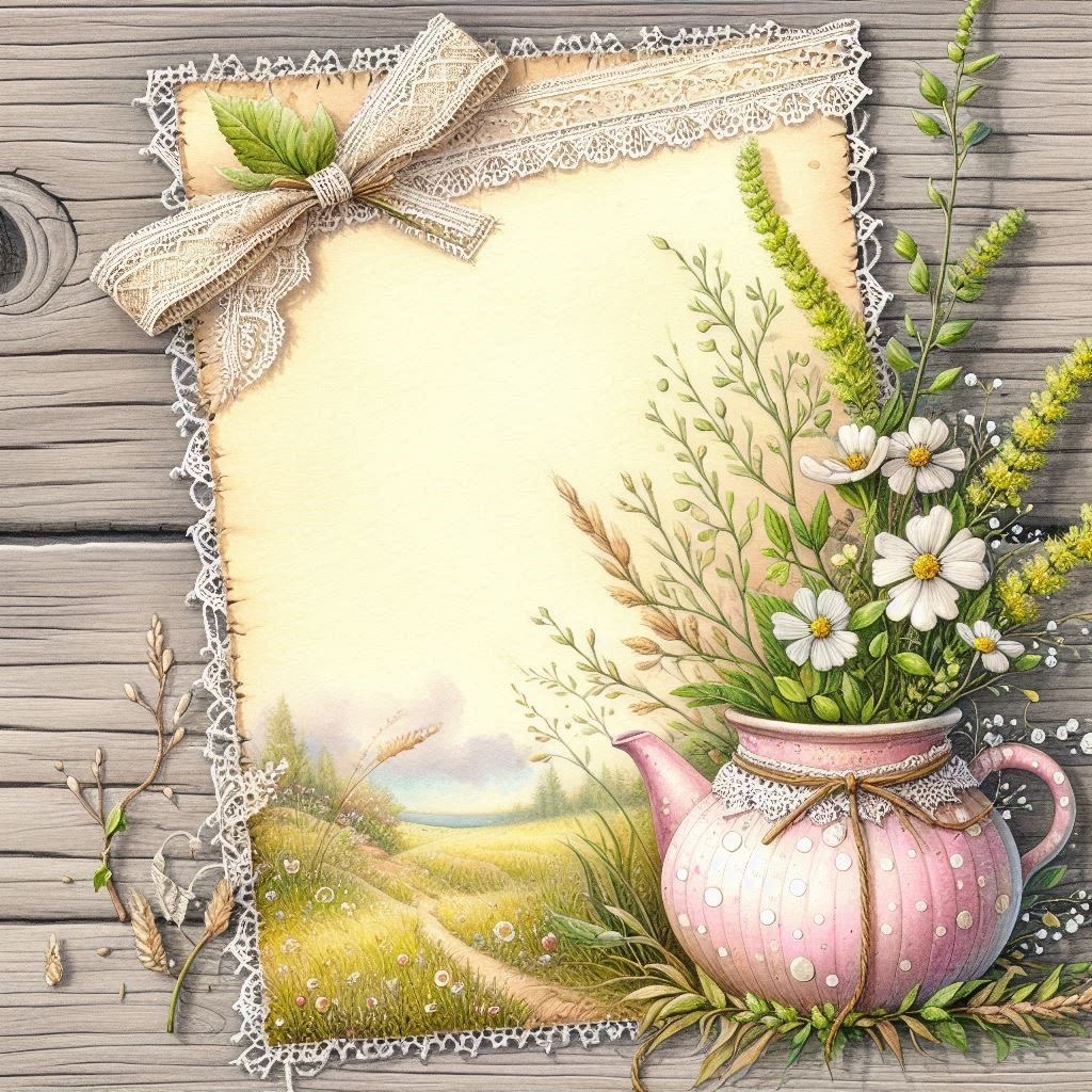 Vintage frame with lace edges, burlap bow, pink floral vase and countryside landscape illustration on wood