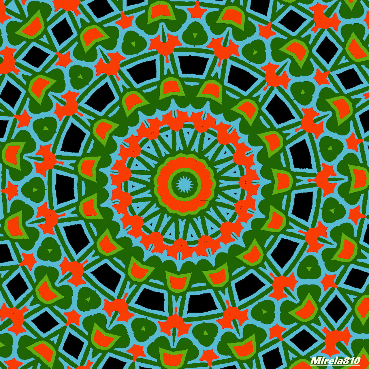 Colorful geometric mandala with radial symmetry in orange, green, and teal