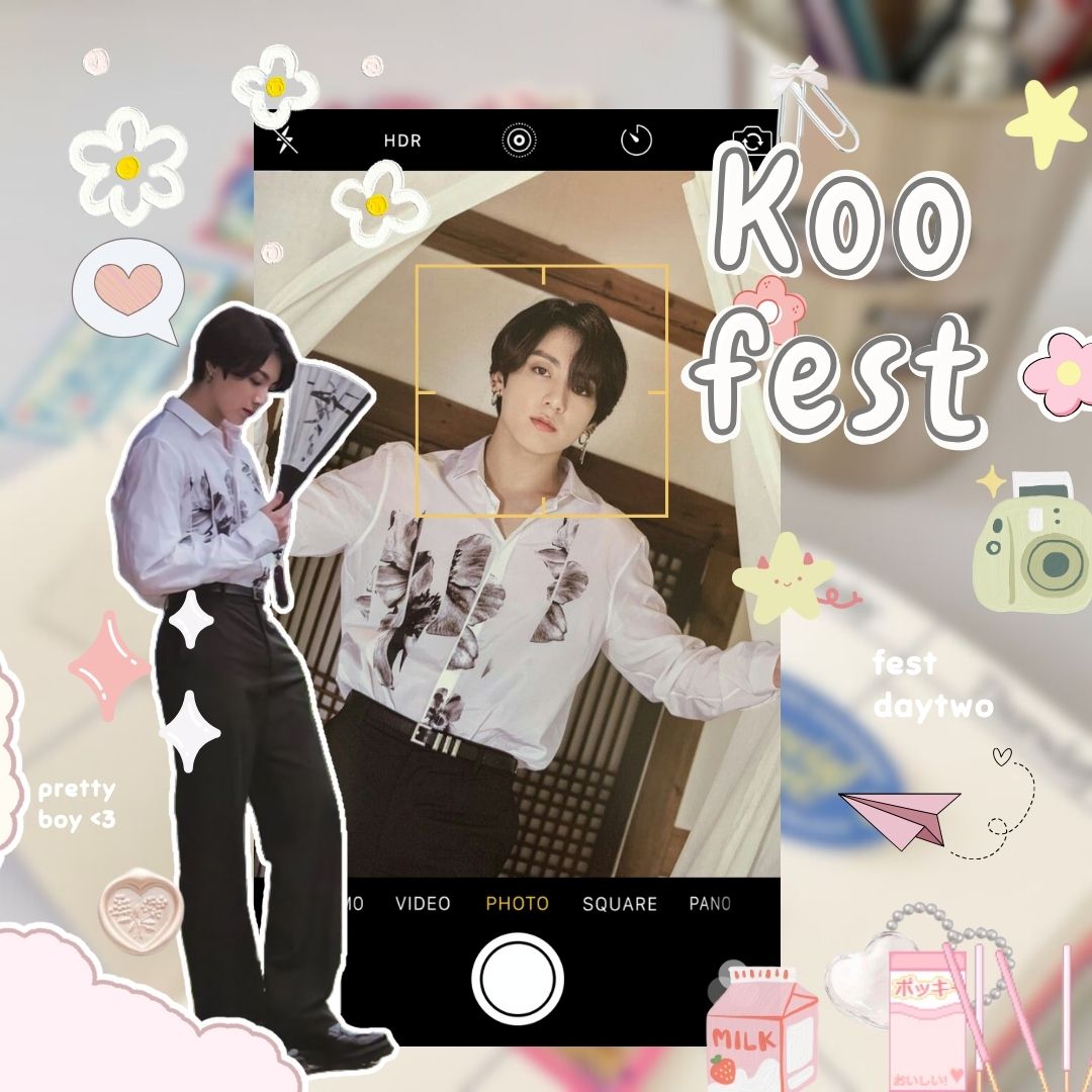 Fan-made collage with K-pop idol cutouts, phone frame, hearts, flowers and text stickers on pastel background