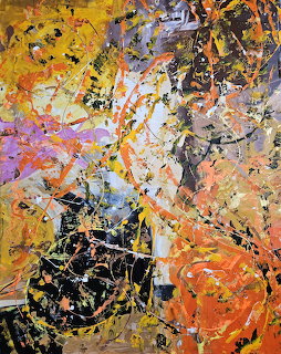 Abstract painting with layered splatters and brushstrokes in orange, yellow, black, white, and lavender