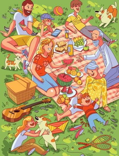 Cartoon family picnic on grass with blanket, food, guitar, basket, and outdoor games