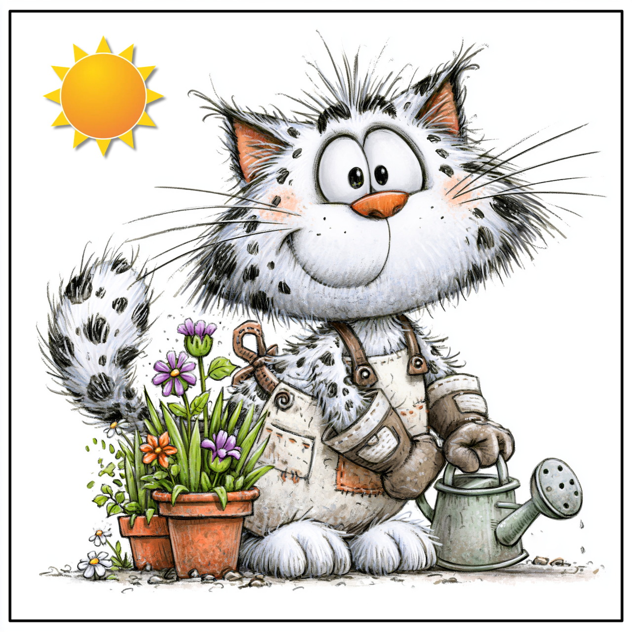 Cartoon cat with watering can tending to potted flowers in sunshine