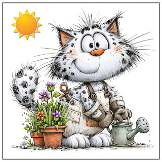Cat Gardener Watering Flowers
