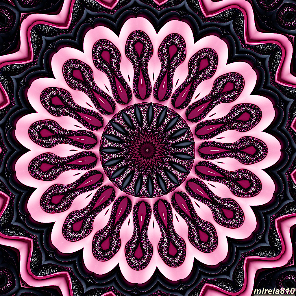 Symmetrical mandala design with pink and white petals on black background