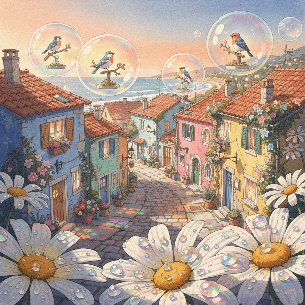 Colorful fantasy village street with daisies in the foreground and floating bubbles with birds