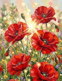 Painting of bright red poppies with green stems against a soft blurred background