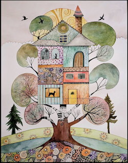 Whimsical illustrated treehouse built into a large tree with patterned rooms and rounded green treetops