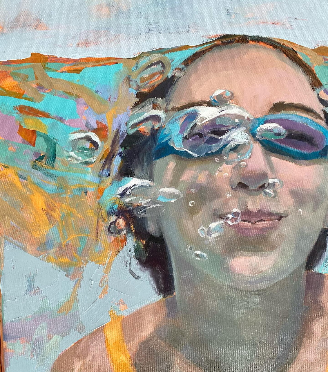 Painting of a woman underwater wearing swim goggles with bubles floating around her face