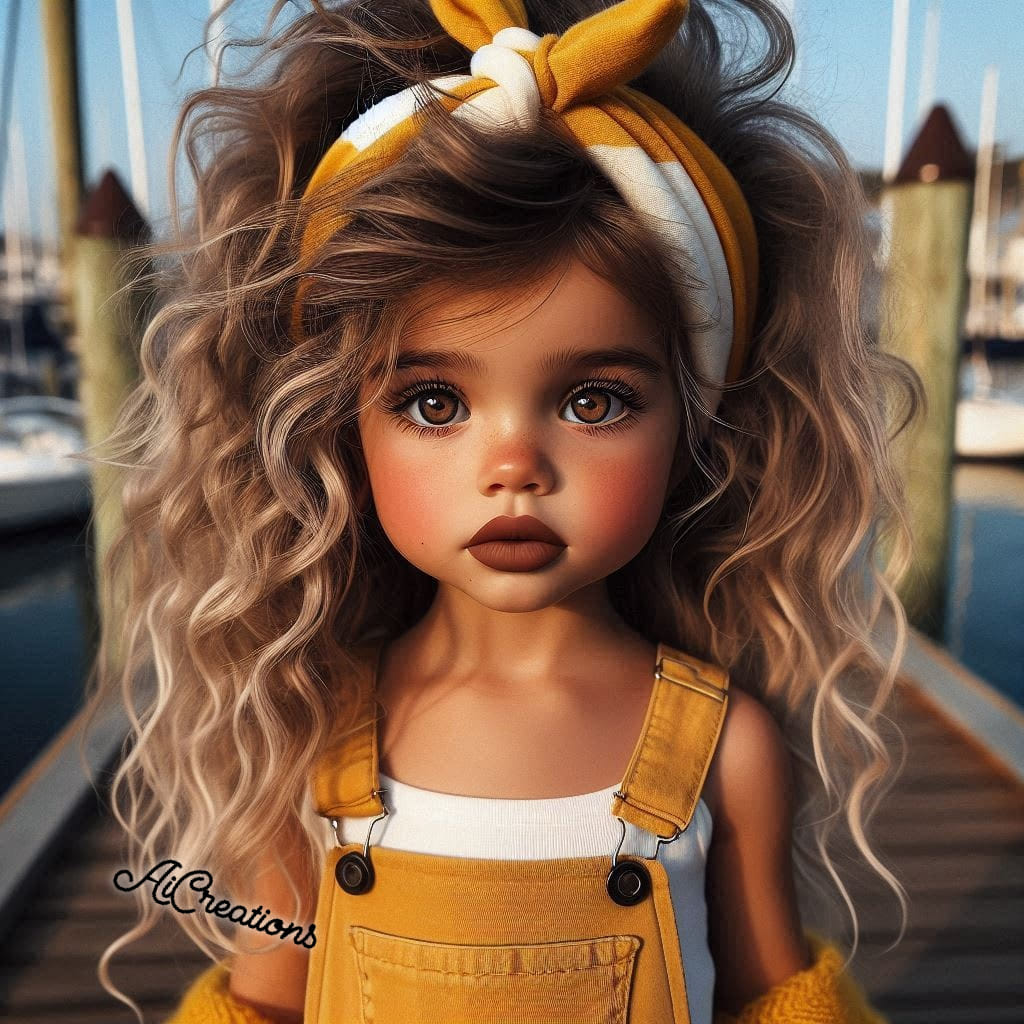 Stylized young girl with curly hair, bow headband, and yellow overalls standing on a dock