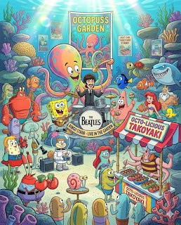 SpongeBob and friends playing instruments in underwater concert scene with octopus, sea creatures, and colorful coral
