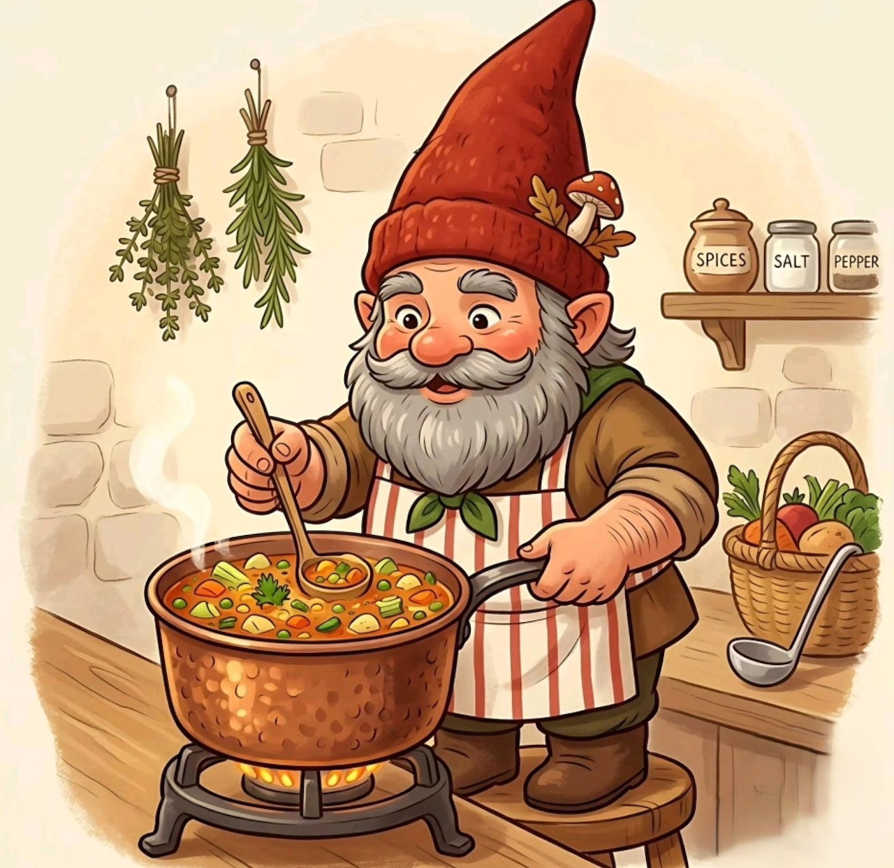 Cartoon gnome with white beard cooking stew in pot, wearing red pointed hat and apron in rustic kitchen