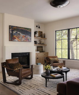 Modern living room with two brown leather chairs, fireplace, abstract art, and windows overlooking trees