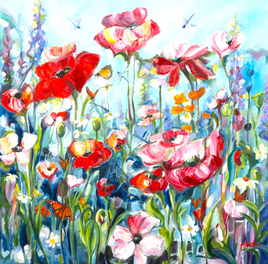 Colorful impressionist painting of wildflowers with poppies, cosmos, and butterflies in a bright garden scene