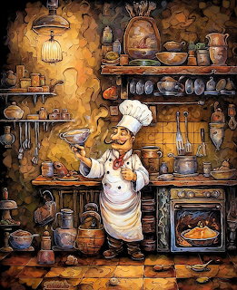 Cartoon chef cooking at stove in rustic kitchen with shelves of cookware and dishes