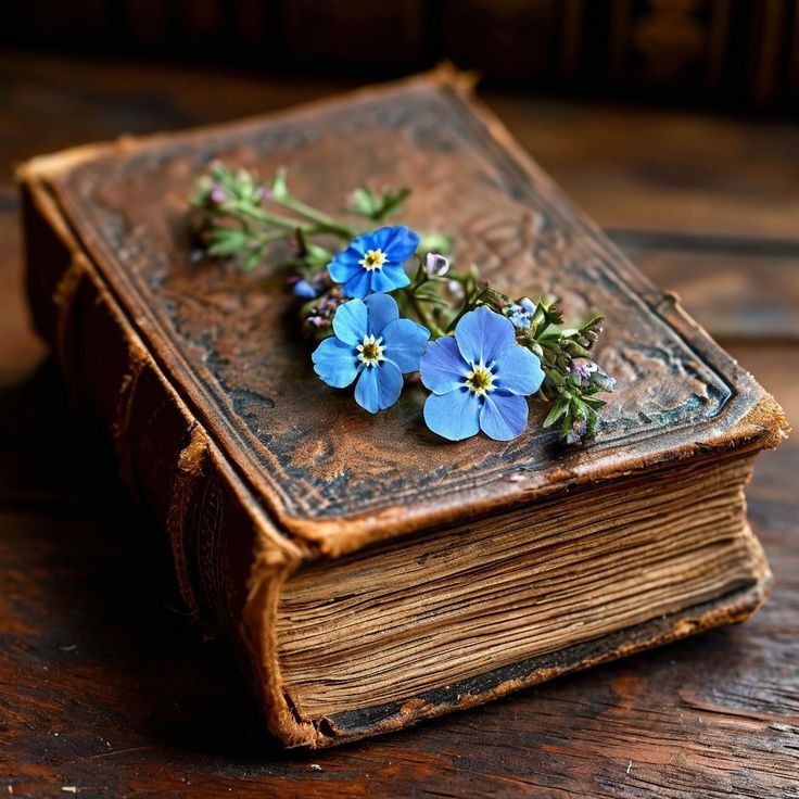 Blue forget-me-not flowers lying on an old leather book with ornate cover