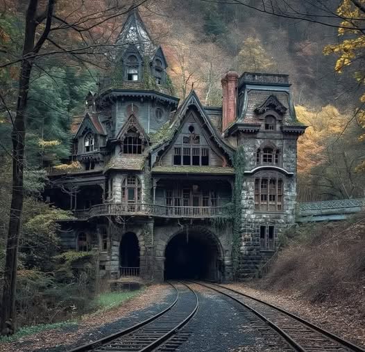 Gothic Victorian mansion with tower in autumn forest, railway tracks passing through stone archway entrance